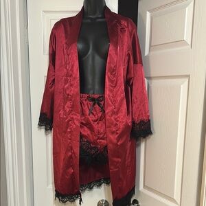 Red and Black Satin Robe with Lace Trim. New. Never worn.